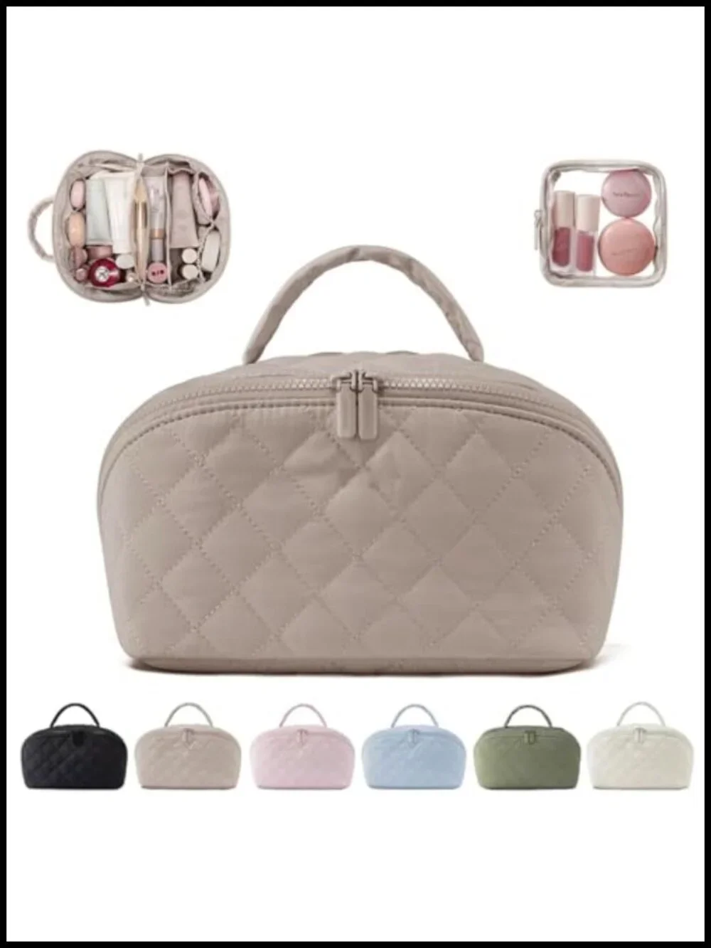 Quilted Cosmetic Bag 180° Lay-Flat Waterproof Travel Makeup Toiletry Organizer